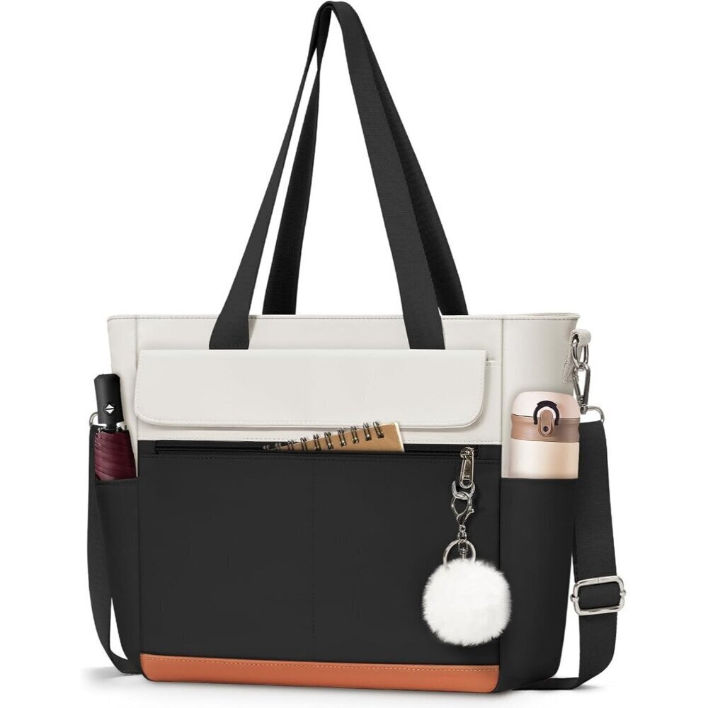 Canvas Black White Tote Bag Women Waterproof Large Zipper Shoulder Work Travel